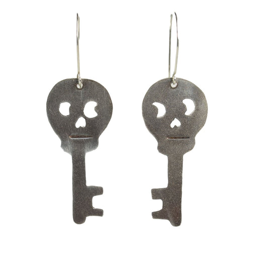 Goth Inspired sterling silver skull key earrings