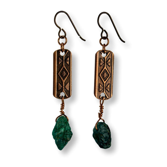 Copper and raw emerald earrings