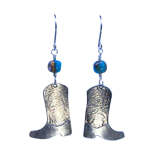 Silver Cowboy Boot earrings with turquoise beads