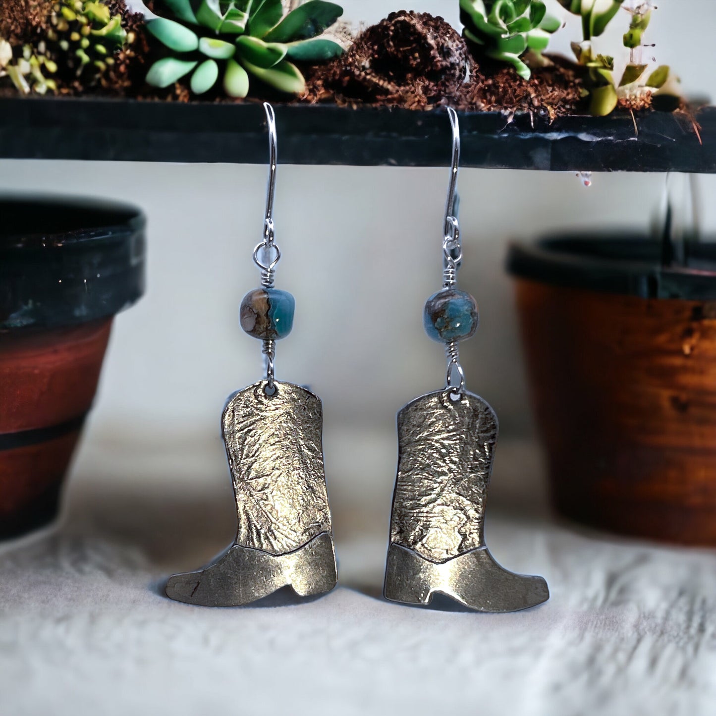 Silver Cowboy Boot earrings with turquoise beads