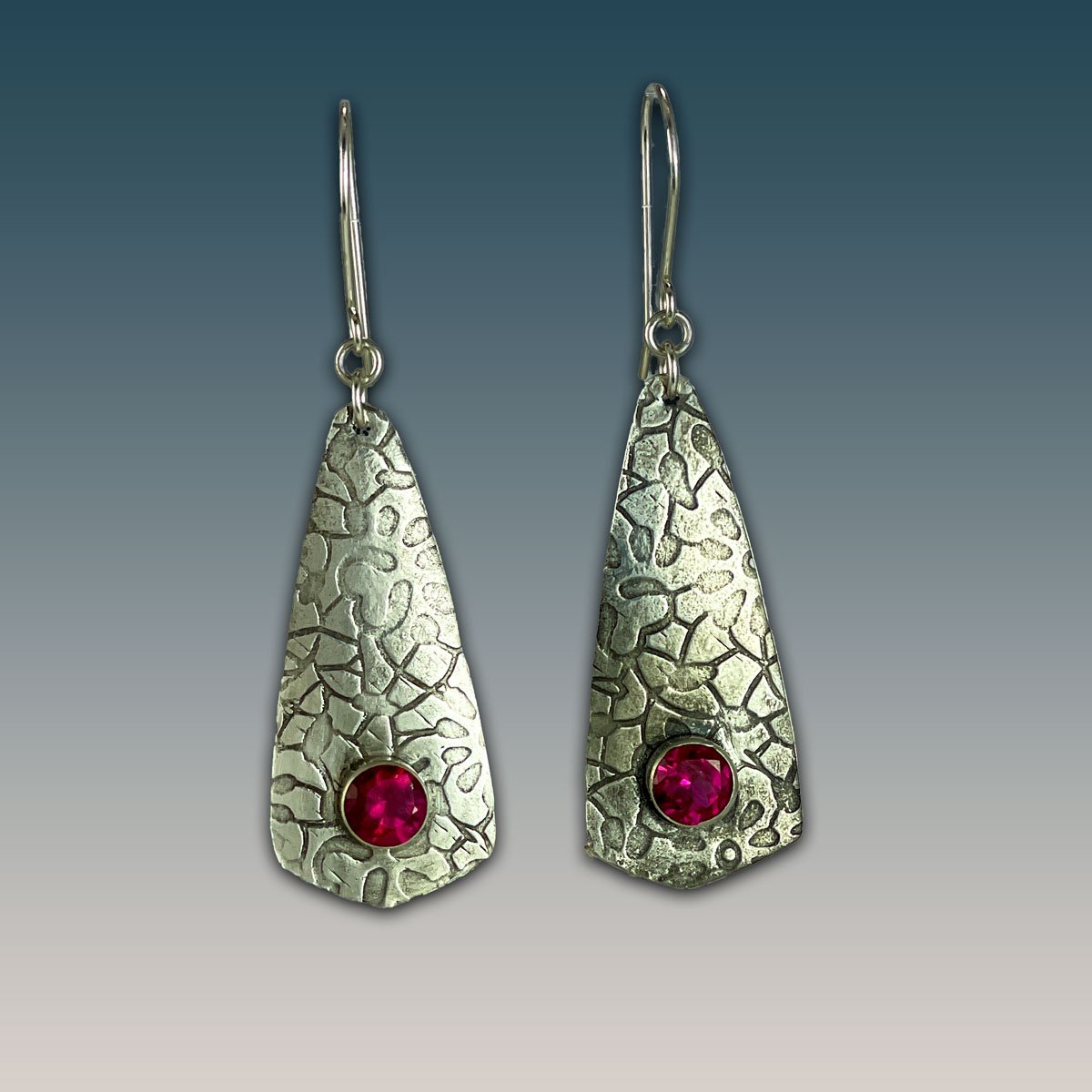 Textured Sterling Silver Spear Drop Earrings with faceted Ruby