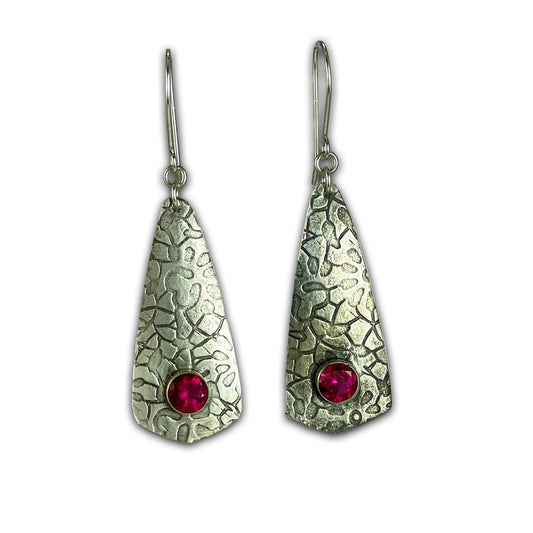 Textured Sterling Silver Spear Drop Earrings with faceted Ruby