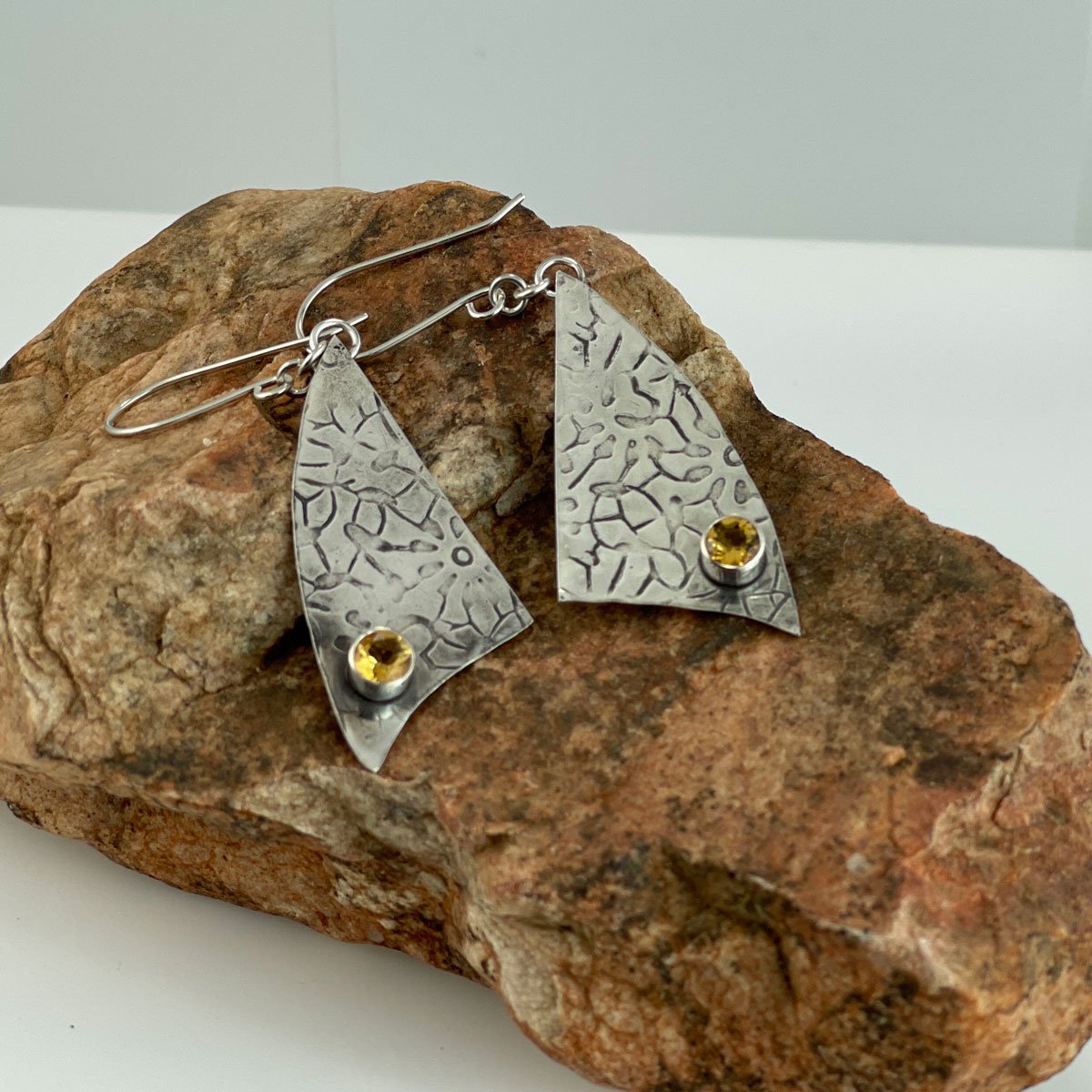 Textured Sterling Silver Sail Earrings with Faceted Citrine accent