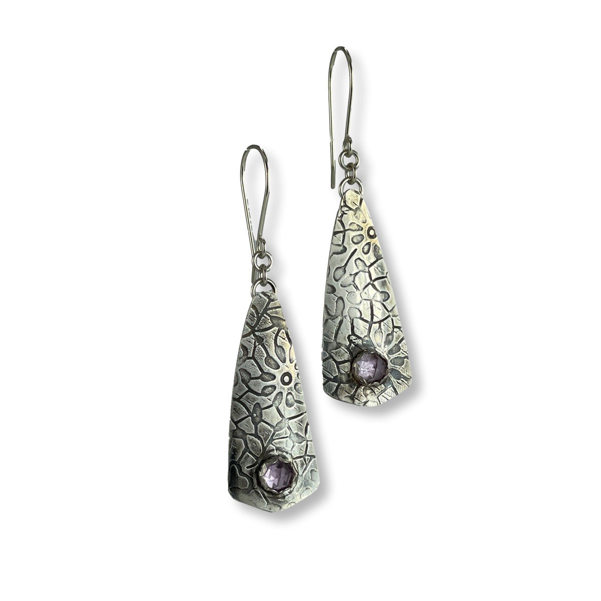 Textured Sterling Silver Spear Drop Earrings with Rose cut Amethyst