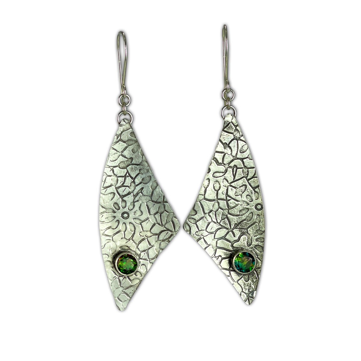 Textured Sterling Silver Large Sail Earrings with Faceted Tourmaline accent
